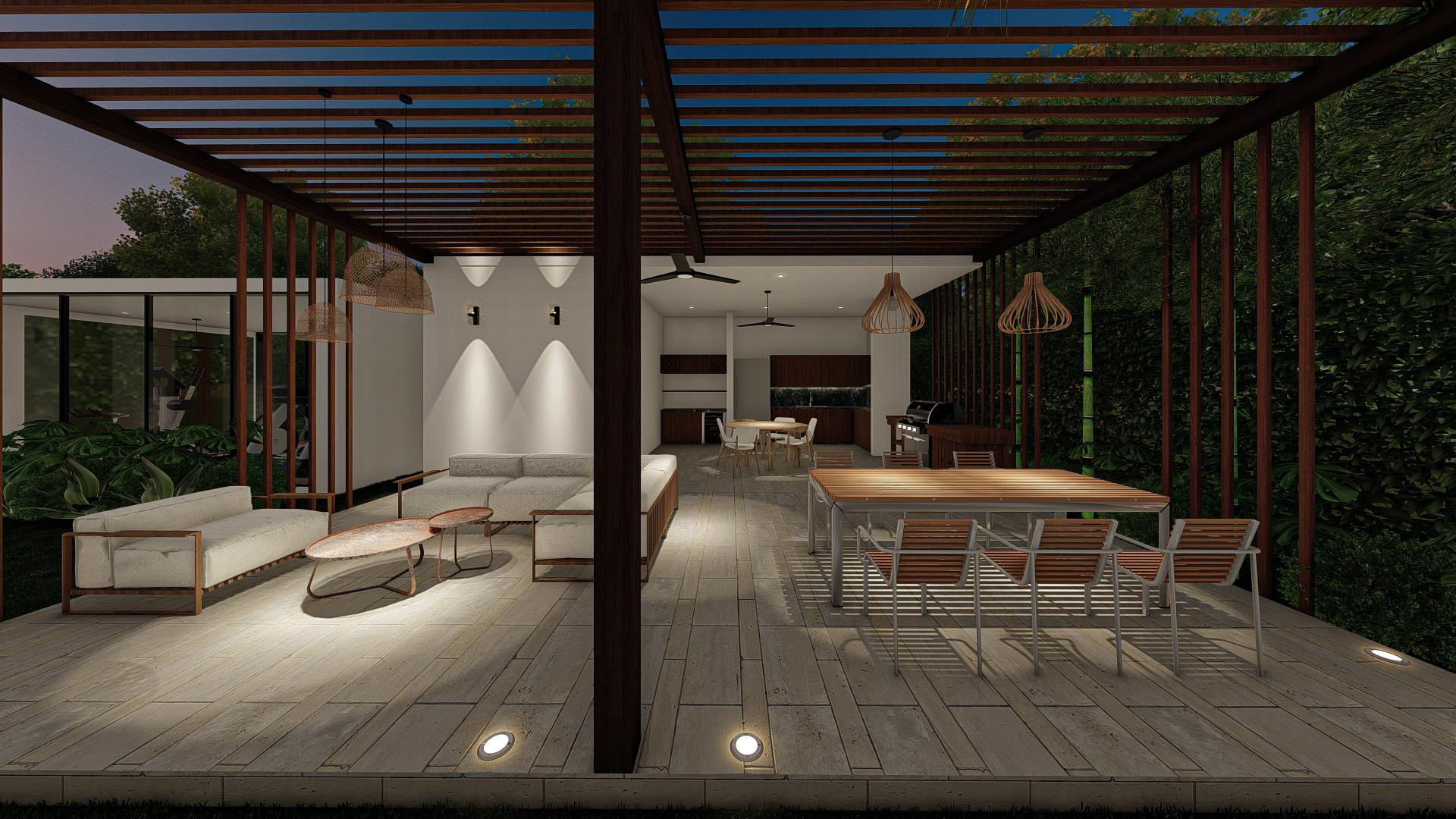 Zona BBQ bajo pérgola con comedor y sala exterior