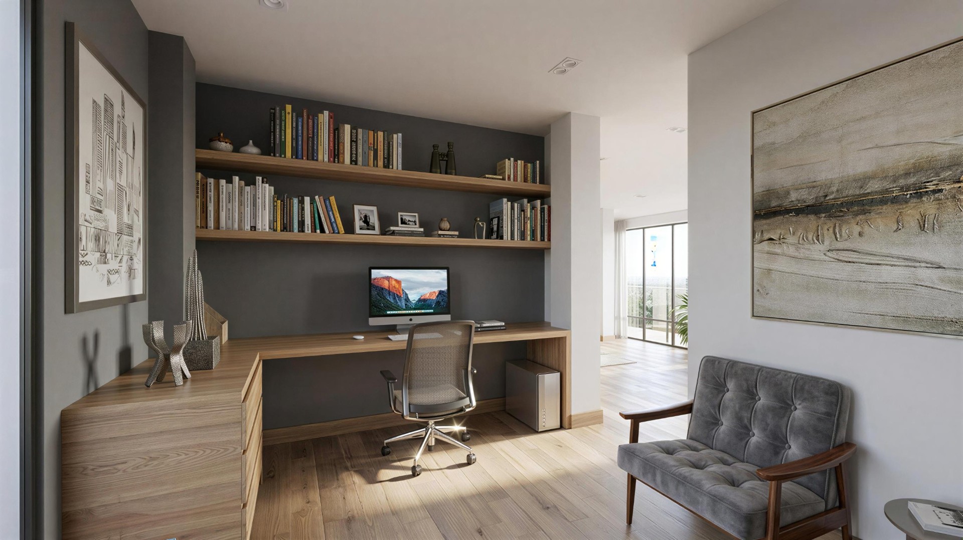 Estudio con biblioteca en madera