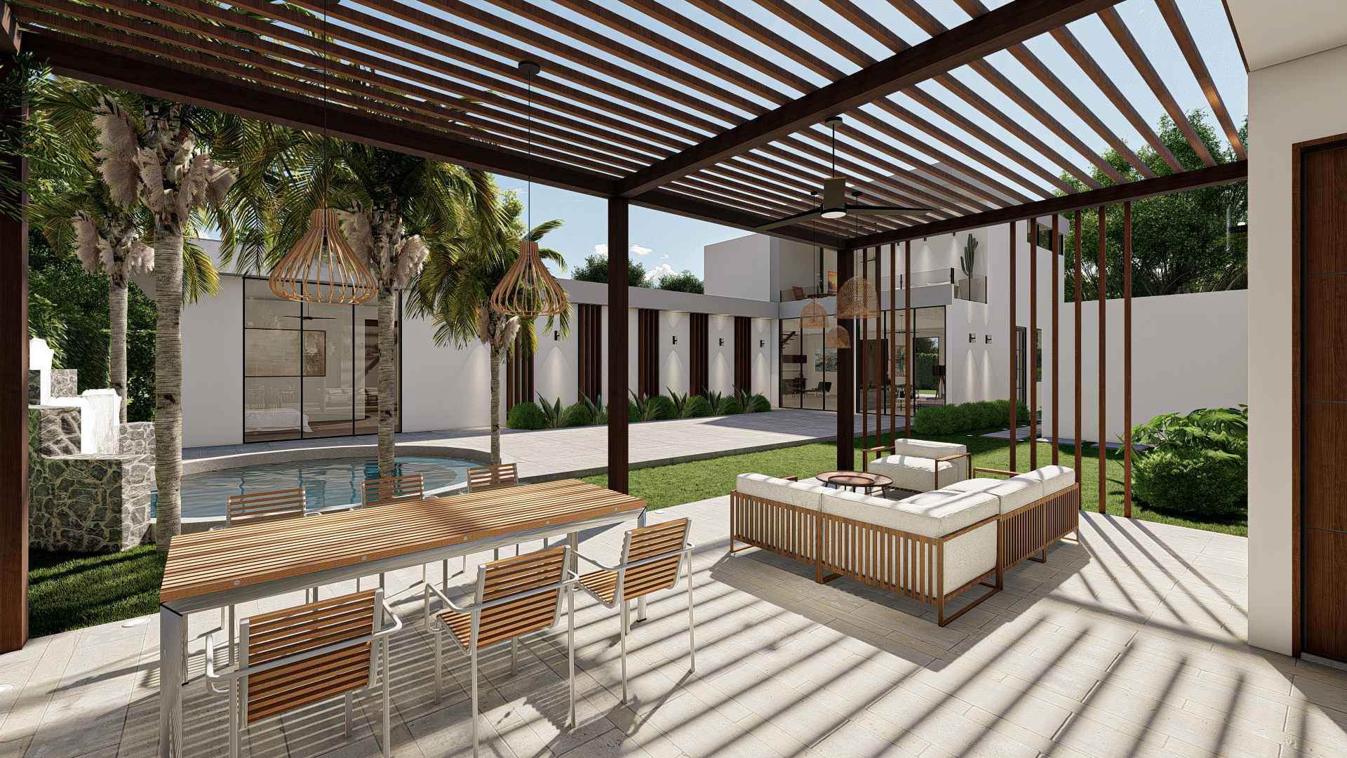 Pérgola en madera con zona social al aire libre