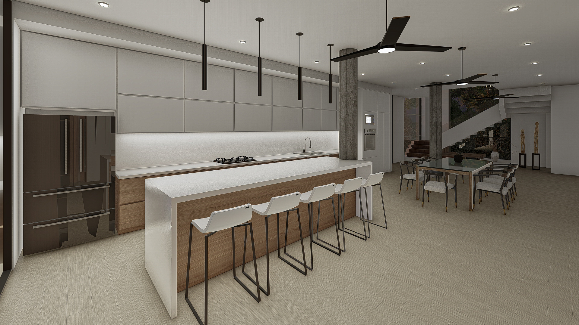 Cocina abierta con isla y comedor