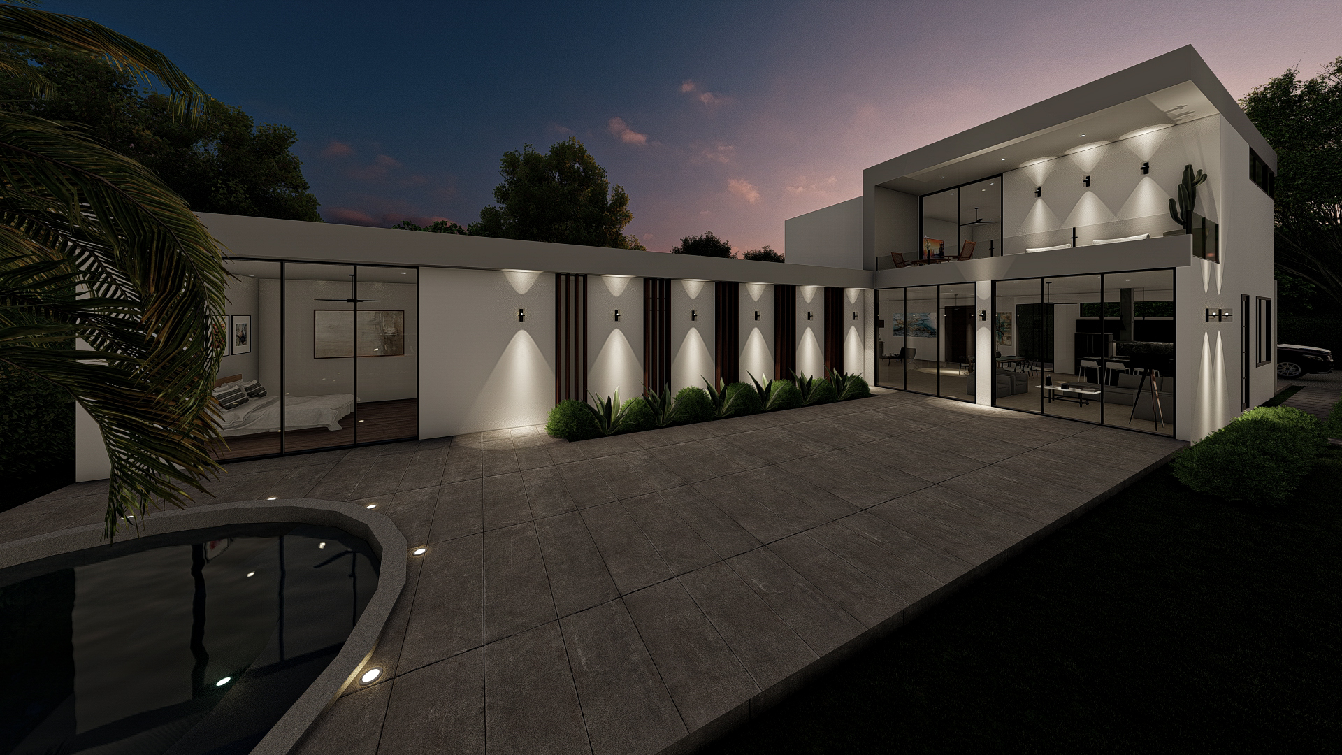 Fachada nocturna con iluminación arquitectónica