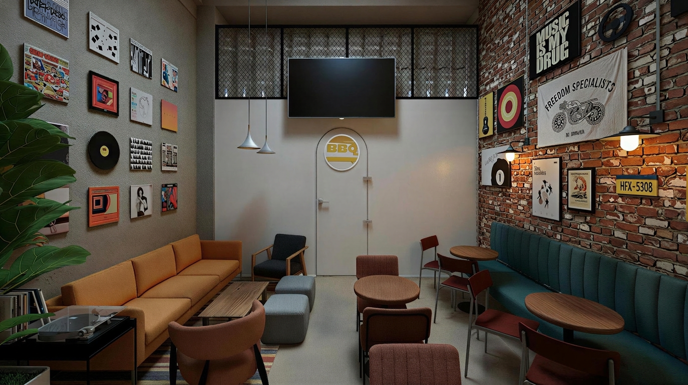 BBC Medellín — sala de espera con galería de discos