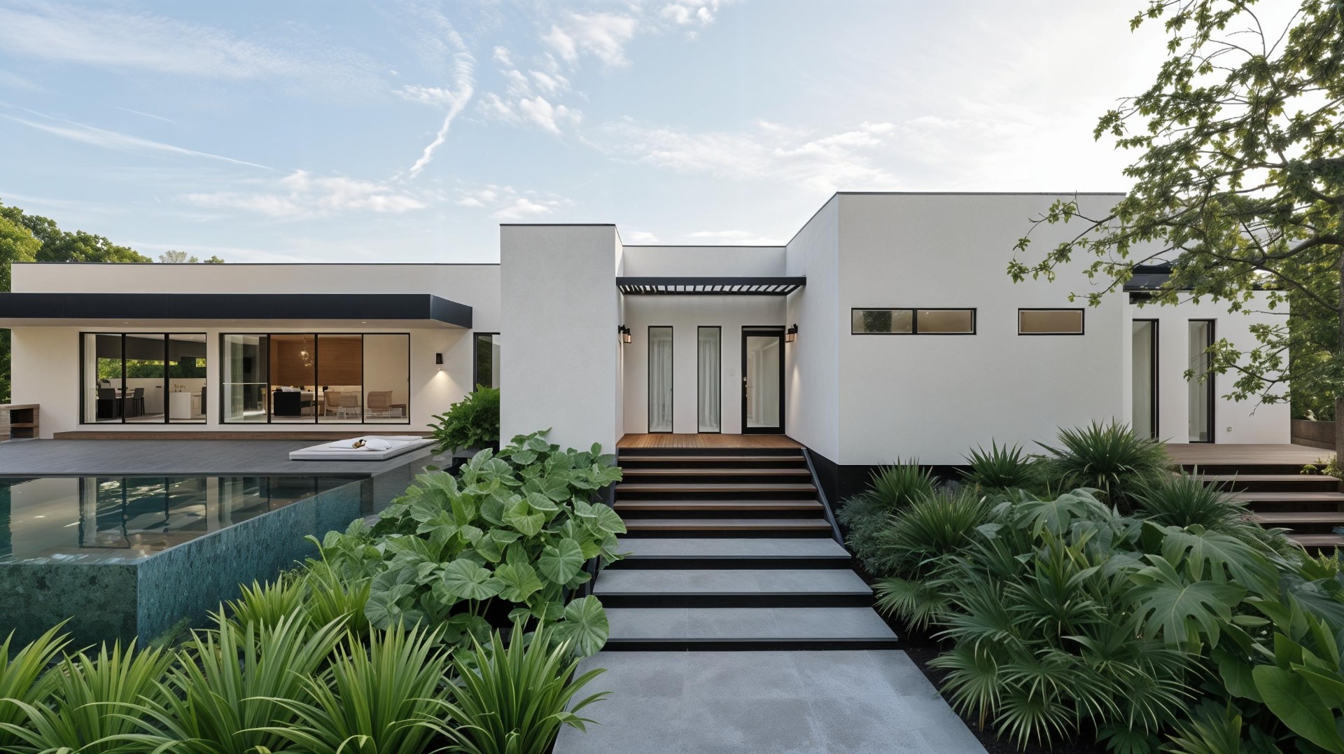 Fachada con piscina y jardín