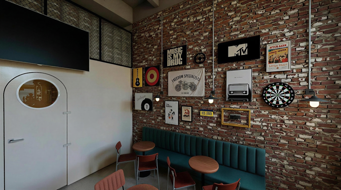 BBC Medellín — zona lounge con mural y barra