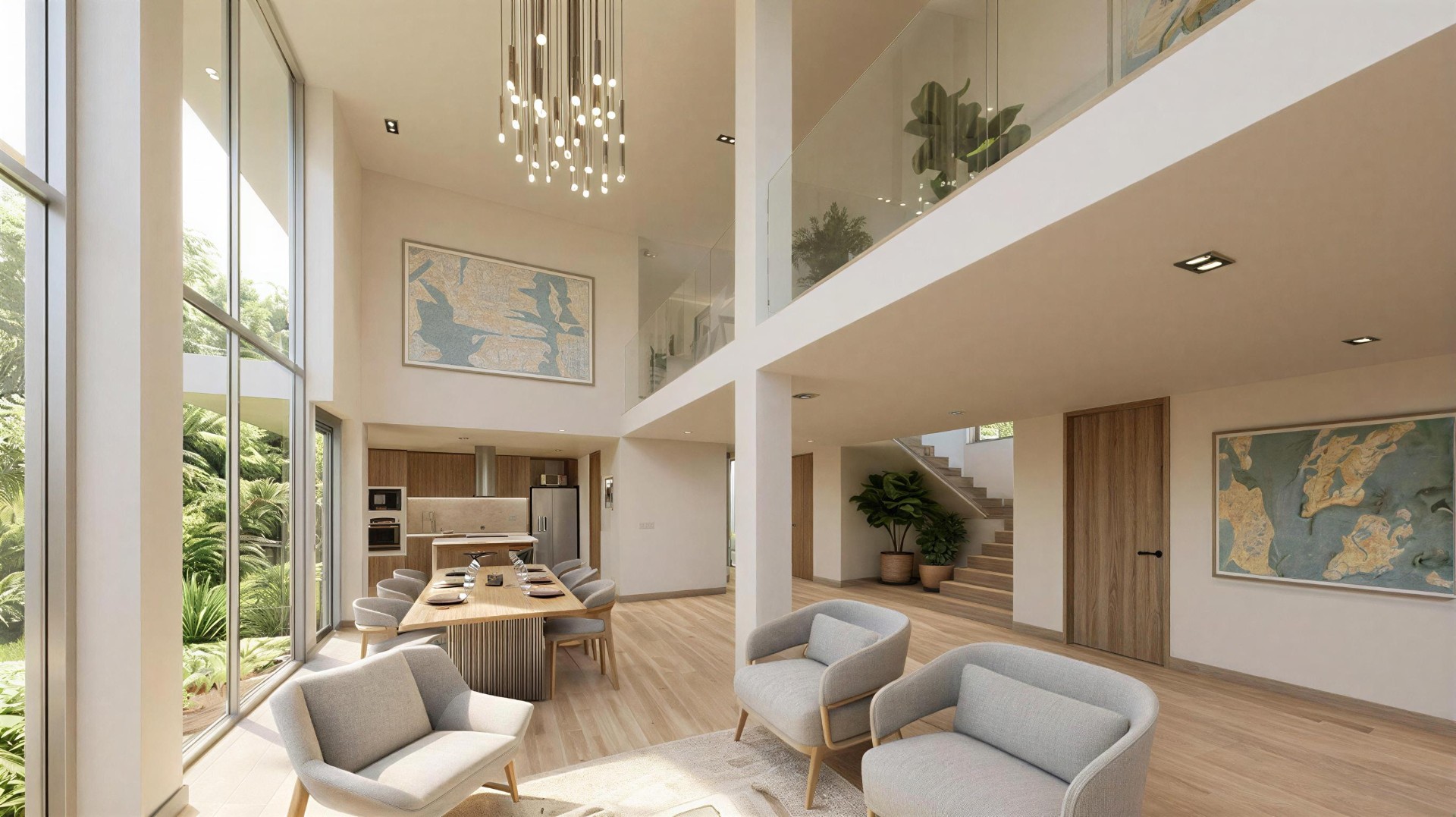 Sala y comedor de doble altura con ventanales al jardín