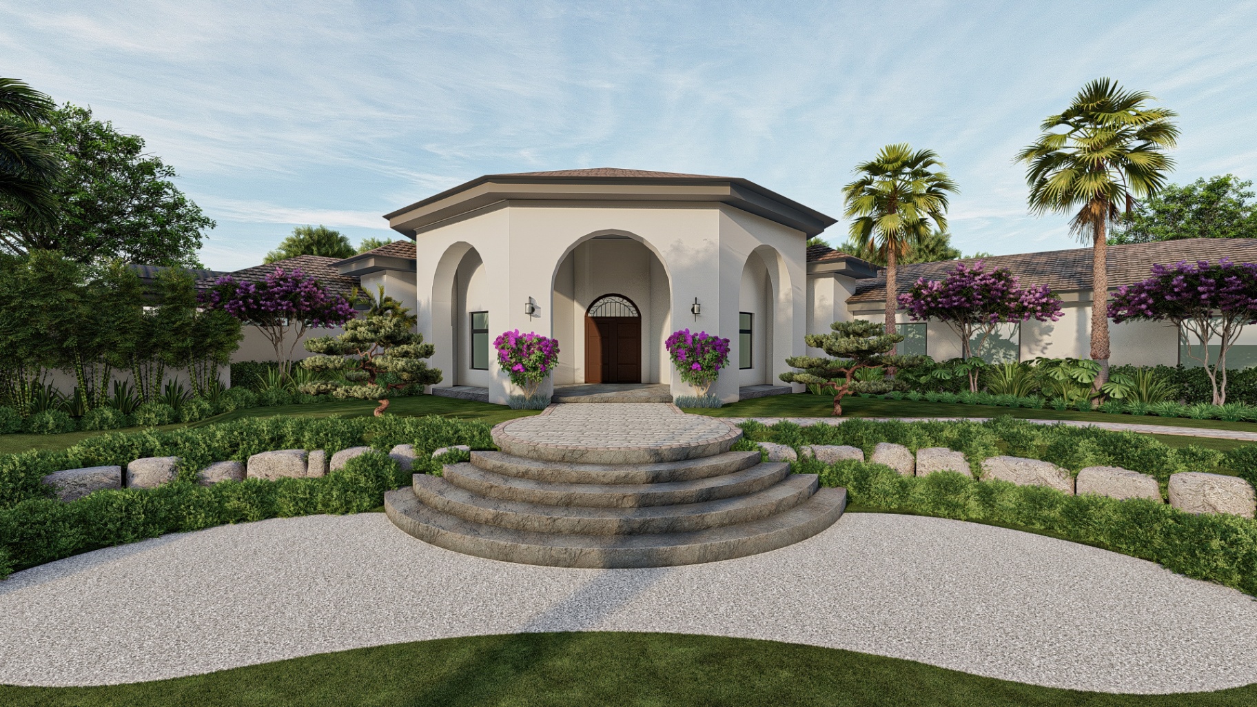 Werbelow — fachada con arcos y bougainvilleas