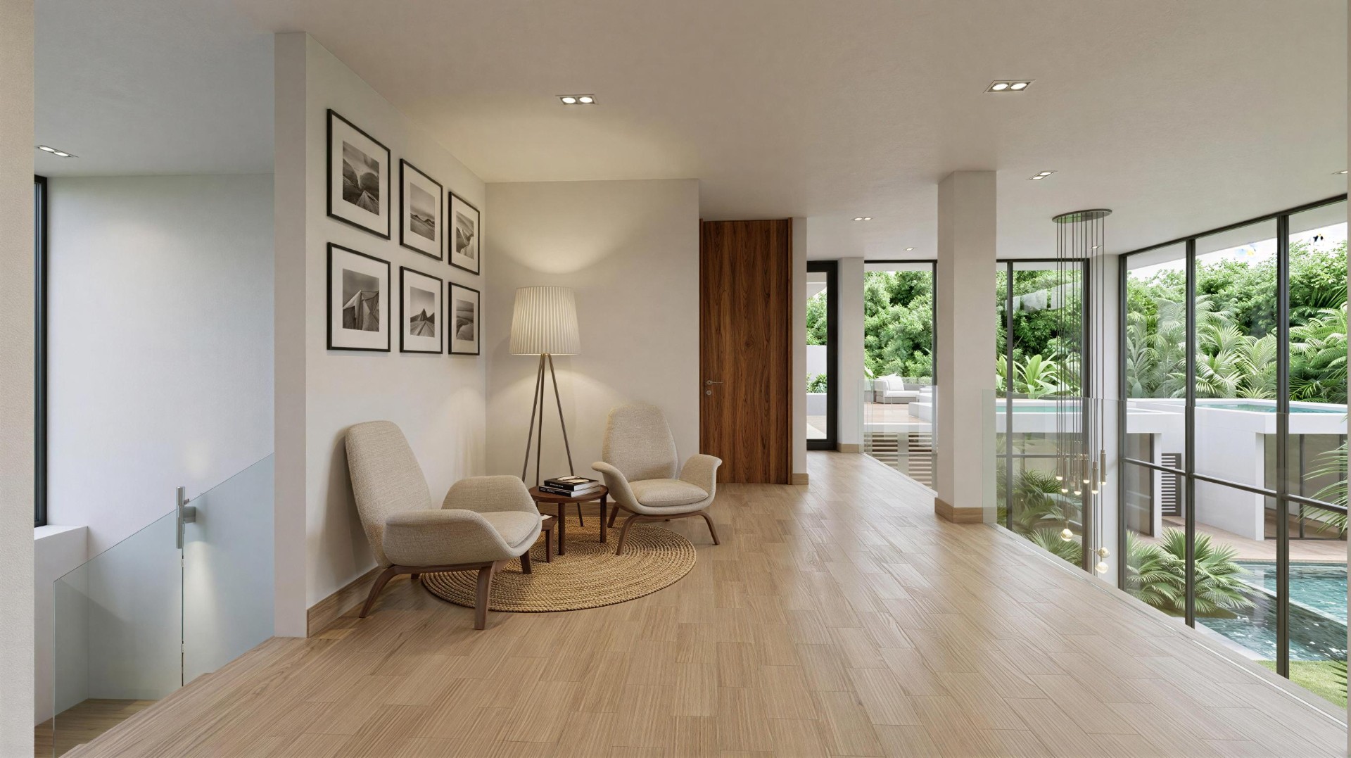 Hall superior con vista a la piscina